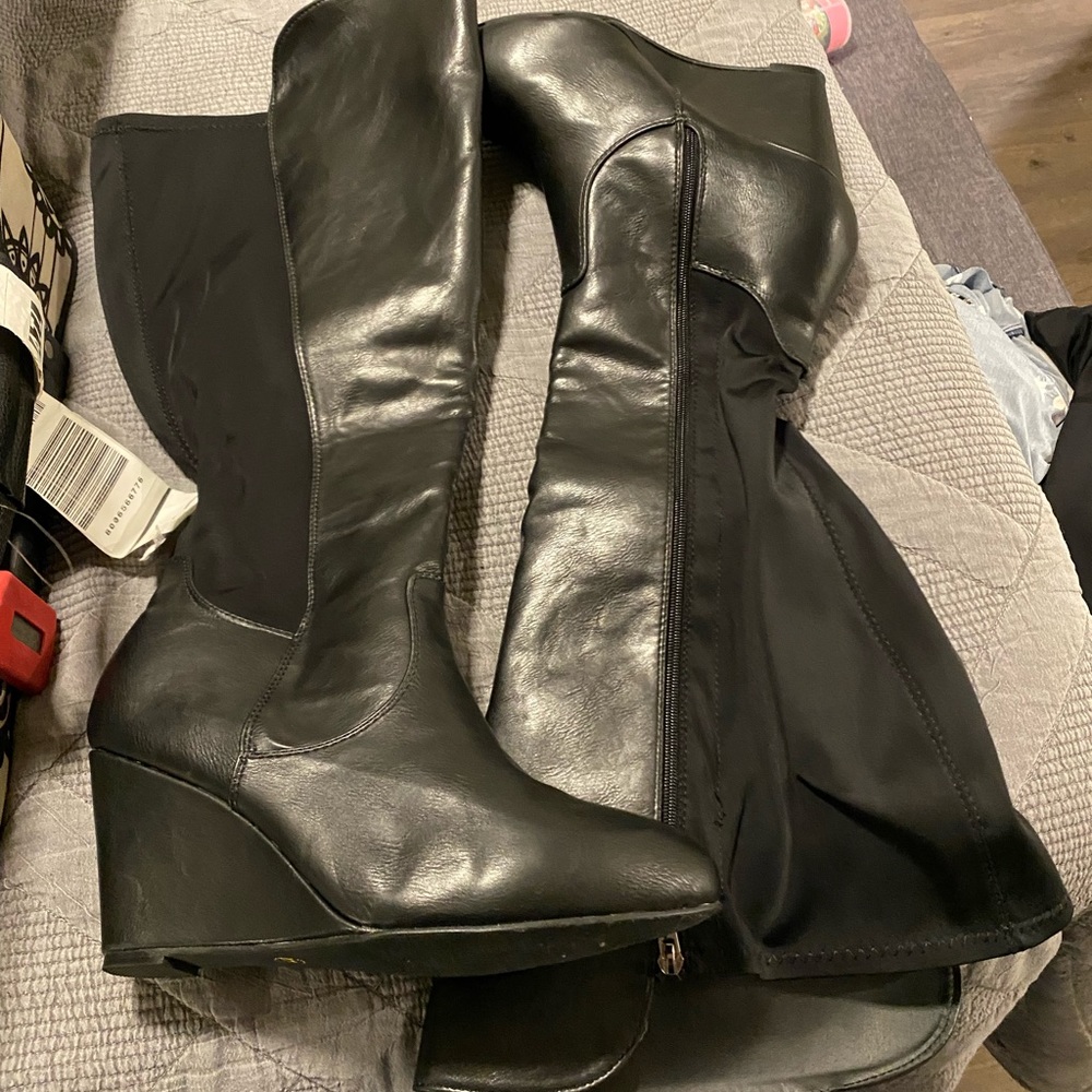 Wide calf knee high wedge boots